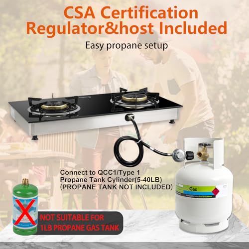 2 Burner Propane Gas Stove with Auto Ignition, 29000 BTU Outdoor Camping Cooktop - Heavy-Duty Tempered Glass, CSA Regulator & Hose Included