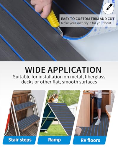 Oceanbroad Boat Flooring 96x36 Inches Dark Gray with Blue Seam Lines - 24 sqft