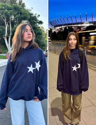 Aelfric Eden Star Hoodies Medium Navy Blue Oversized Y2K 90s Graphic Sweatshirt