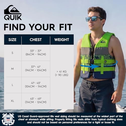Men's Green Life Jacket for Waterskiing & Boating - Large, USCG Approved