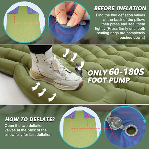 Olive Green Double Camping Sleeping Pad with Pillow & Built-in Foot Pump - 4 Inch Thick