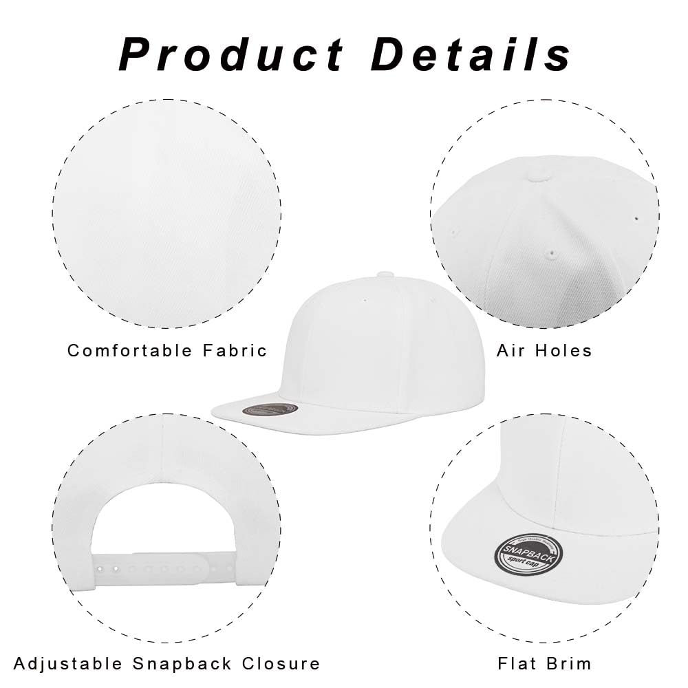 ZH Plain Flat Brim Snapback Baseball Caps Adjustable Blank Baseball Caps Wholesale 12 Pack White