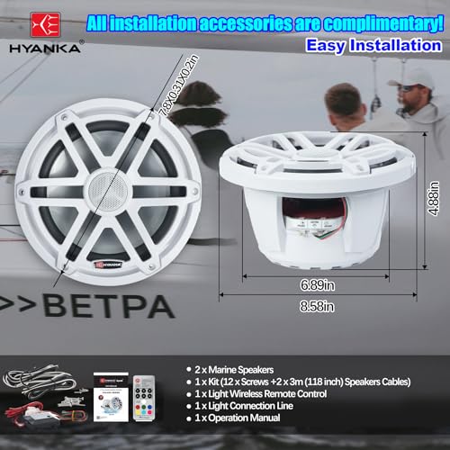 White 8 Inch Marine Waterproof Speakers with 7-Color LED - Pair, 1000W