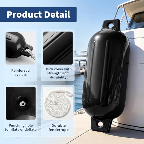 Stmynt 6.5 Inch Black Inflatable Marine Boat Fenders with Ribs Twin Eyes Docking Bumpers (Pack of 4)