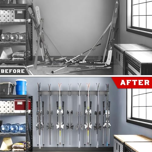 Ultrawall Wall-Mounted Ski Rack with 8 Adjustable Hooks, Holds 16 Pairs of Skis