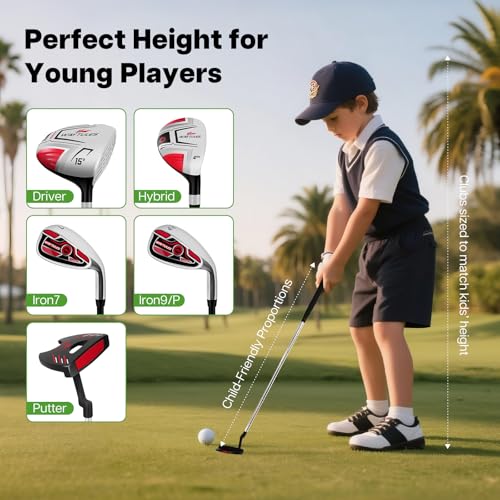 Kids Golf Clubs Set for Ages 6-8 - Red Stand Bag, 5 Clubs, Right Handed