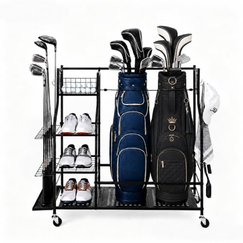 Golf Bag Storage Rack with Wheels - Garage Organizer for Clubs & Accessories