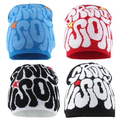 Y2k Beanie Letter Graphics Knitted Hat Winter Skull Cap for Women Men - 1 Size / 4 Pcs B