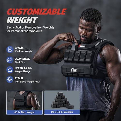 ZELUS Adjustable Weighted Vest Men 45LB Black for Strength & Cardio Training