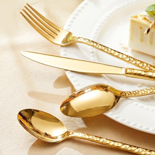 Gold 40-Piece Flatware Set for 8 - Hammered Stainless Steel Cutlery by KINGSTONE