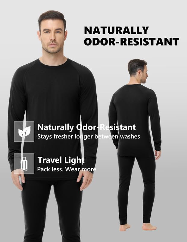 Woolcano Men's Merino Wool Base Layer Set Small Black - Lightweight Ski Base Layer