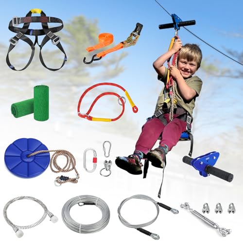 105 Ft Kids & Adult Zipline Kit with Safety Harness, Stainless Steel Spring Brake, Tree Protectors
