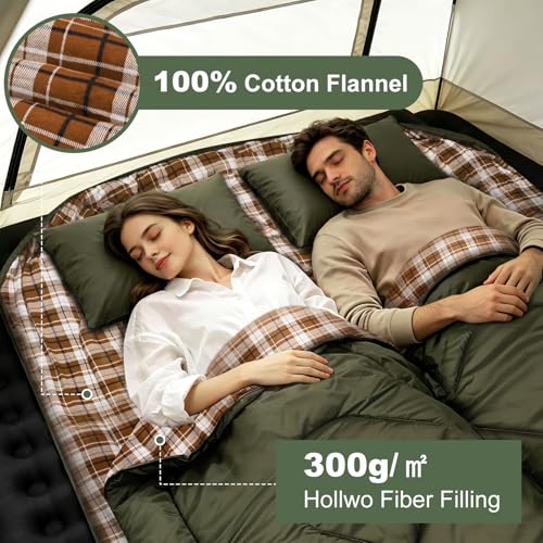 Olive Green Cotton Flannel Double Sleeping Bag for Adults & Couples - 3-Season Comfort