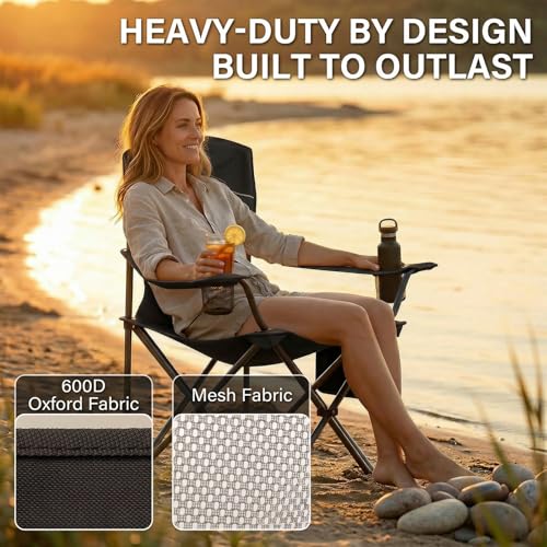 CAMPHILL Black 2-Pack Oversized Mesh Back Camping Chairs with Cup Holder & Side Pocket