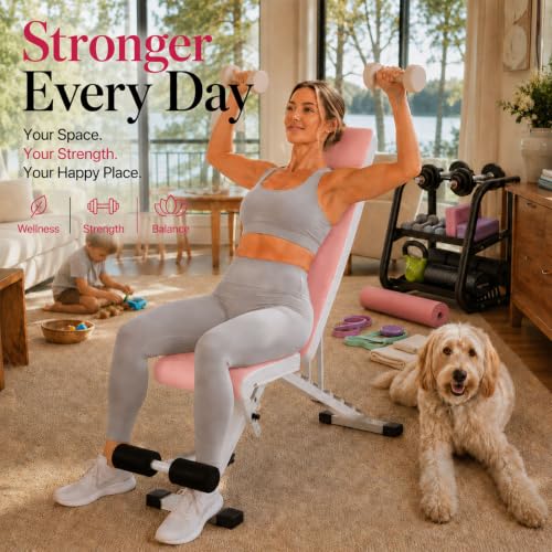 PIN JIAN Pink Adjustable Foldable Workout Bench - L, Full Body Gym Equipment