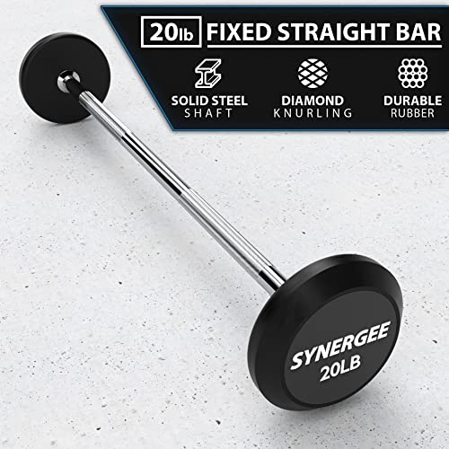 Synergee Fixed 20lb Straight Steel Barbell - Pre-Weighted Gym Bar for Strength Training
