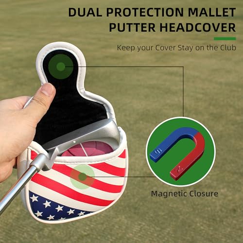 Golf Club Head Covers - Mallet Putter Cover with Magnetic Closure and USA Flag Design