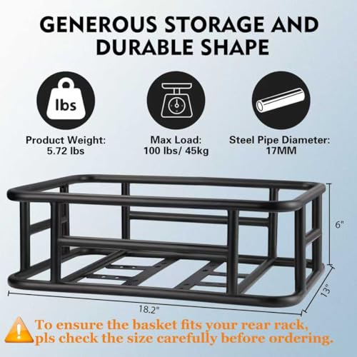 RAYMACE Rear Bike Basket with Cargo Net & Liner - 18.2x13x6 Inches