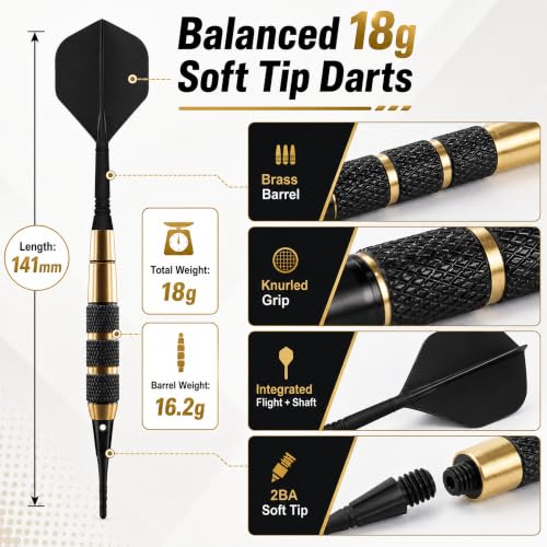 Soft Tip Darts Set 18g with Brass Barrels, Flight, Shaft & Case - 3 Pack