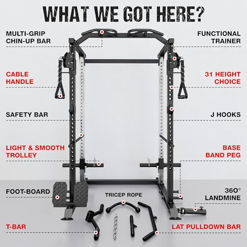 Goimu Black DP01 Power Cage with Cable Crossover & Dual Pulleys, 2000LBS Squat Rack for Home Gym