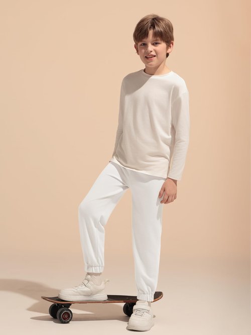 Haloumoning Boys Joggers Pants Kids Casual Elastic Waist Cuffed Sweatpants 5-14 Years White