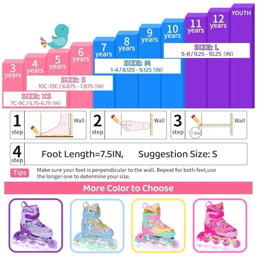 Nattork Adjustable Inline Skates for Girls - Dream Purple, Light Up Wheels, Size 1-4