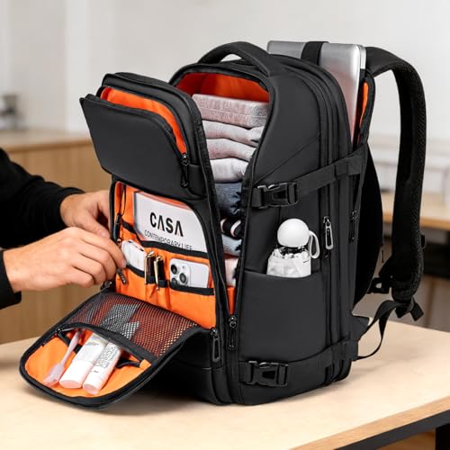 Black Expandable Travel Backpack with USB Charging Port & 17 Inch Laptop Compartment - Large