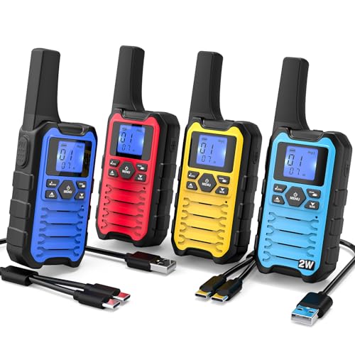 Long Range Walkie Talkies for Adults 4 Pack - Rechargeable Two-Way Radios with Flashlight & NOAA/SOS - Blue, Red, Yellow, Cyan