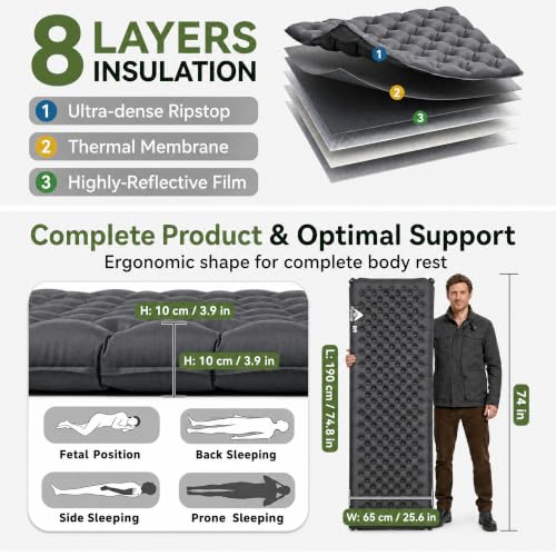 Grey Inflatable Camping Sleeping Pad 74.8x25.6x3.9 Inches - SGS Certified 9.0 R-Value Ultralight Insulated Mattress for Tent, Car & All-Season Outdoor Use