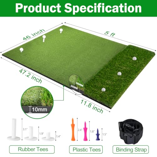 MONOJOY Dark Green 5x4ft Golf Hitting Mat with Dual Turf & Tees