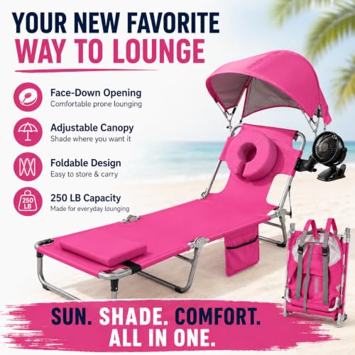 Pink Folding Camping Lounge Chair with Canopy & Fan - Portable Reclining Outdoor Cot with Pillow & Side Pocket