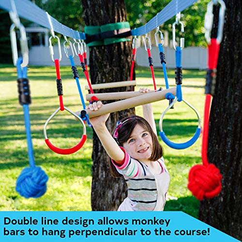 Blue 80 Ft Double Ninja Slackline Obstacle Course with Monkey Bars for Kids