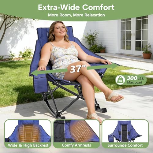 Suteck Navy Blue Oversized Rocking Camping Chair with Padded Seat & Cup Holder