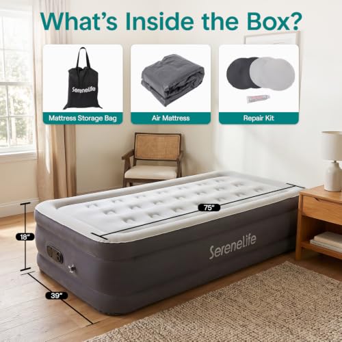 SereneLife Twin Size Raised Air Mattress with Built-in Pump, Waterproof Plush Top, 39-Inch Wide, 700 lbs Capacity — Gray