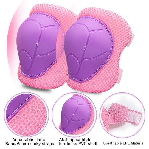 Kids Knee and Elbow Pads Wrist Guards Set - Purple Pink, S (3-7 Years)