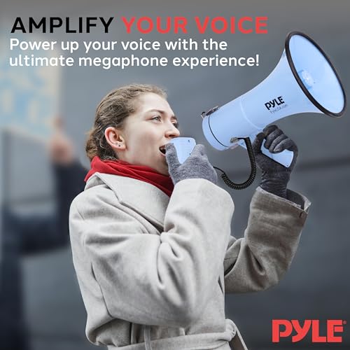 50W Blue Megaphone Bullhorn with Siren, AUX Input & Adjustable Volume