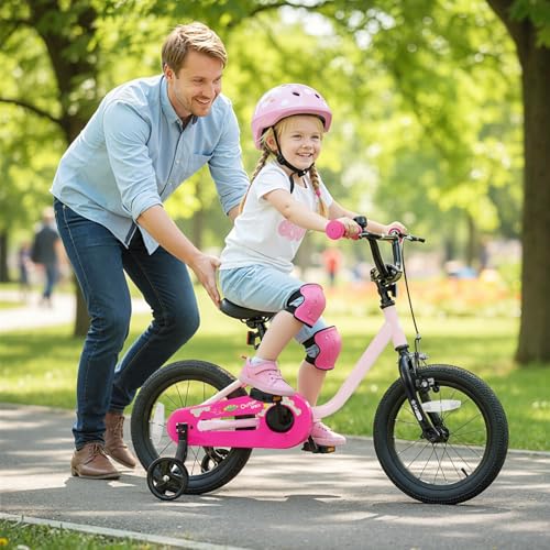 Pink Baby Joy Space Explorer Kids Bike 14 Inch with Removable Training Wheels for 3-7 Year Old Girls