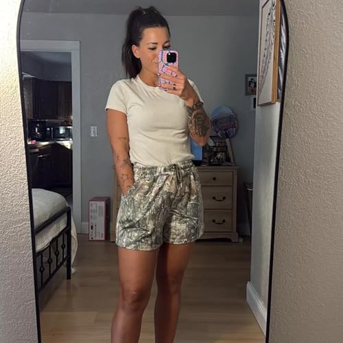 Large Camo Sweat Shorts for Women with Drawstring Waist and Pockets - Maple Leaf Print Lounge Athletic Wear