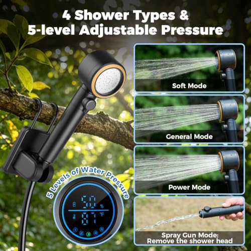Ivuqa Portable Camping Shower with Heater - Black, 20L Foldable Bucket, Rechargeable Pump, IPX8 Waterproof, Auto-Off Heated, LED Display for Hiking & Travel