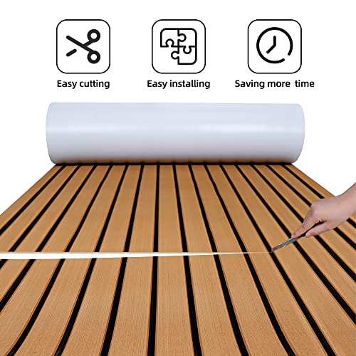 FOCEAN Marine EVA Foam Boat Flooring Faux Teak 94.5 x 23.6 inches Brown with Black Seam Lines
