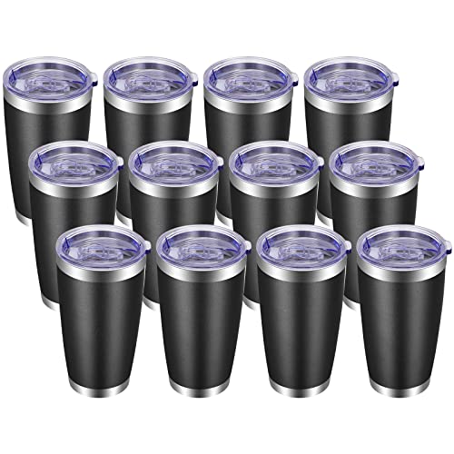 20oz Stainless Steel Travel Tumbler with Lid & Straw - Black, 12 Pack - Insulated Coffee Cups
