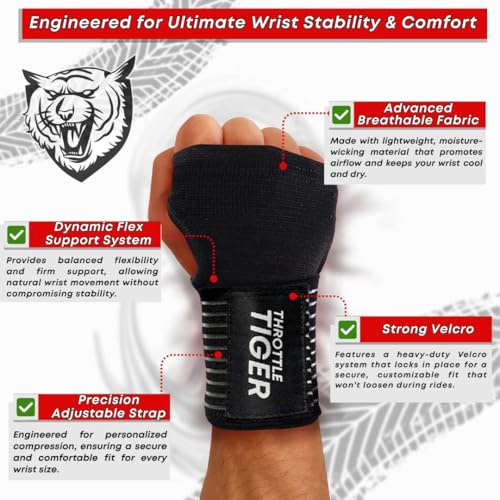 Throttle Tiger – Motorcycle Wrist Brace Adjustable Wrist Wraps for Bikers, Wrist Support Reduces Hand Pain and Absorbs Vibration, Enhancing Comfort and Stability (Large)