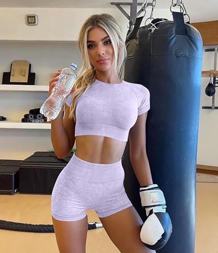 Women’s Acid Wash Workout Sets - Purple Medium, Crop Top & Running Shorts