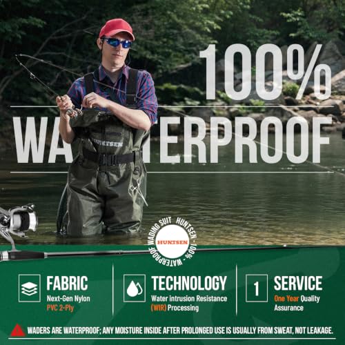 HUNTSEN Waterproof Chest Waders for Men & Women - Green, Size 11 with Boots