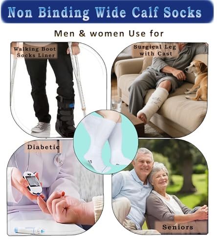 Walking Boot Sock Replacement Extra-Wide Knee High Socks for Foot Brace Men Women 2 Pairs - One Size, White