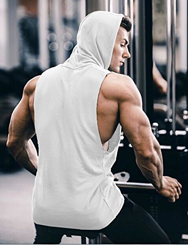 Men's Workout Hooded Tank Top - White Large - Bodybuilding Muscle Gym Sleeveless T-Shirt