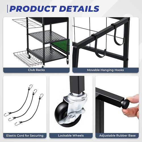Sturdum 43.3in Golf Bag Organizer Rack with Wheels & Turf Mat