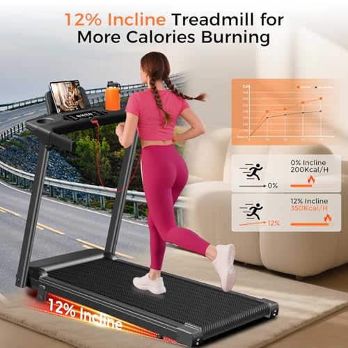 Aiteid Black Treadmill with 12% Incline, 3.0HP Quiet Electric Home Running Machine