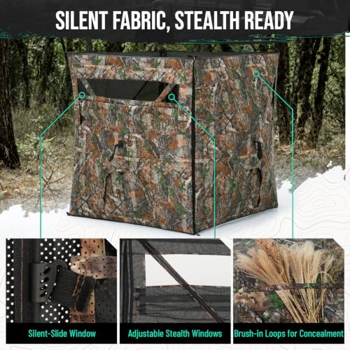 HUNTSEN 4-Panel See-Through Hunting Blind for Turkey - Portable Camouflage Ground Shelter with Silent Windows & Carrying Bag - 2-4 Person