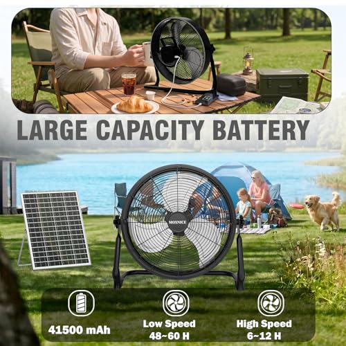 Black 18-Inch Solar Powered Fan with Metal Blades & Brushless Motor – Portable Rechargeable Floor Fan for Home, Outdoors, Camping